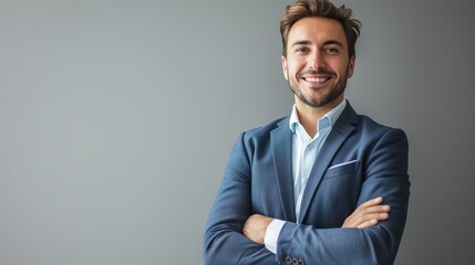 Confident professional in formal attire: smiling entrepreneur with arms crossed standing solo on white background