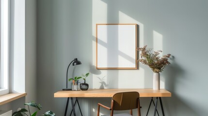 Stylish modern home office with wooden furniture and indoor plants, ideal for productivity and design content.