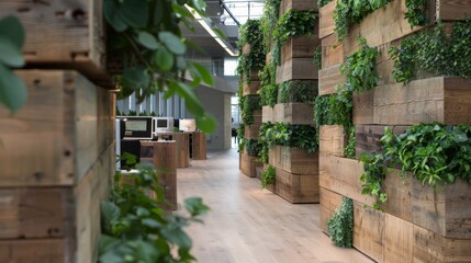 Eco-friendly office space with vertical gardens and wood accents, great for sustainable business environments.