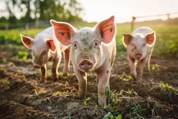 Funny close-up portrait of three pigs on a wide-angle camera