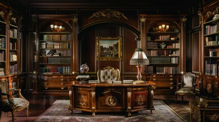 Opulent study with ornate woodwork and elegant decor, suitable for luxury and corporate settings.