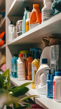 A shelf full of cleaning supplies including a bottle of Windex. The shelf is white and the bottles are colorful. Vertical video