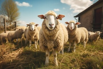 Fototapeta premium Funny close up portrait of a lamb on a wide angle camera with a flock of sheep.