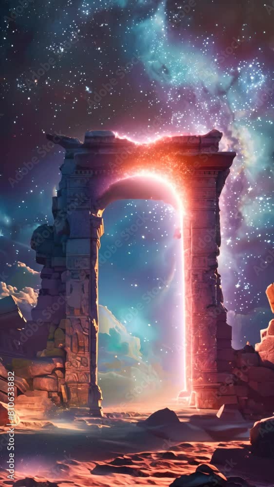 Poster a large archway is shown in the sky with stars and clouds. the archway is surrounded by rocks and he