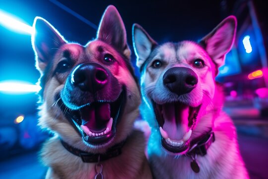 Two cheerful comical dogs take a selfie for the camera in neon colors in a nightclub