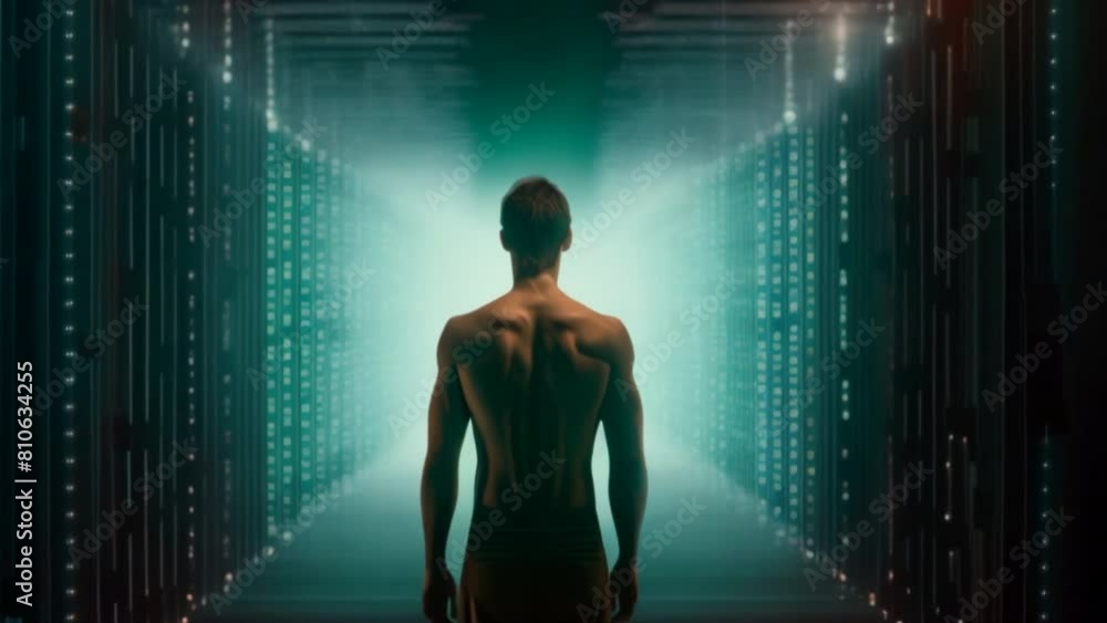 Poster A binary code sequence morphing into a human figure, representing the blurring boundaries between the digital and physical realms.