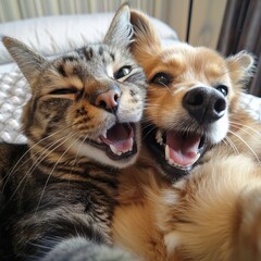 Obraz premium Cheerful comical dog with a cat take a selfie on camera 