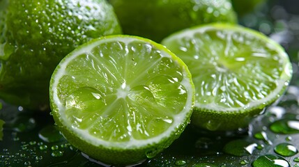 A close-up of sliced limes with water droplets on them, set on a green leafy surface