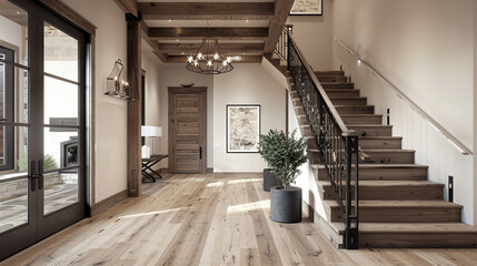 Modern rustic entrance hall with a wooden staircase and iron balusters in an American country home.