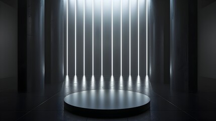 Futuristic Dark Podium and Illuminated Corridor with Reflective Backdrop for Presentation or Showcase