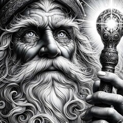 A detailed portrait of a wise old wizard with a long beard and sparkling eyes, holding a magical staff.