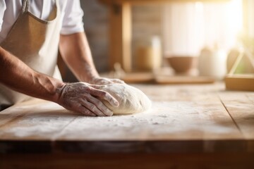 Baker's hands knead dough on the table in a bright kitchen
