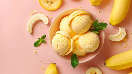 Tasty banana ice-cream on color background