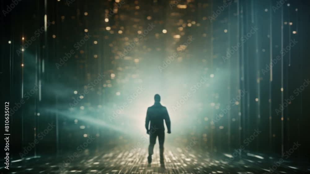 Poster A binary code sequence morphing into a human figure, representing the blurring boundaries between the digital and physical realms.All of the numbers on the walls are different sizes and colors
