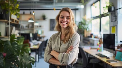 Smiling creative professional woman enjoying productive day in modern design workspace