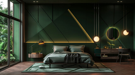 Sleek bedroom with dark green geometric walls, minimalist style, and ambient light setup.