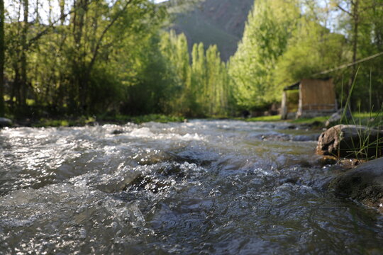 Mountain stream. There is such a beautiful landscape in Yettikechuv region of Zomin district. This is a very comfortable place to relax. Silence, gushing water, beautiful scenery of nature - everythin