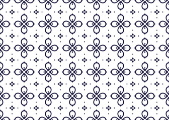 Symbol dark blue flowers on white background, ethnic fabric seamless pattern design for cloth, carpet, batik, wallpaper, wrapping etc.