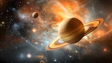 Fototapeta premium Saturn and Moon: Surrounded by Stars, Nebulas, and Rings in Space. Concept Space Photography, Saturn and Moon, Stars and Nebulas, Outer Space Wonders