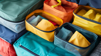 travel packing cubes and pouches, featuring different sizes and colors for organizing clothes, gadgets, toiletries, and other essentials, maximizing luggage space and minimizing clutter during trips. - Powered by Adobe