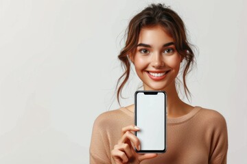 Naklejka premium Woman Showcasing Smartphone Mockup created with Generative AI