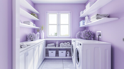 Bright laundry room designed with lavender walls, white equipment, and open storage.