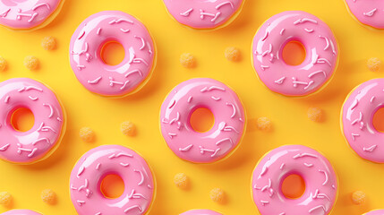 Fototapeta premium A 3D rendered pink donuts pattern on a yellow background, creating a seamless wallpaper. This minimal concept features copy space for text or graphic elements and is captured in high resolution photo