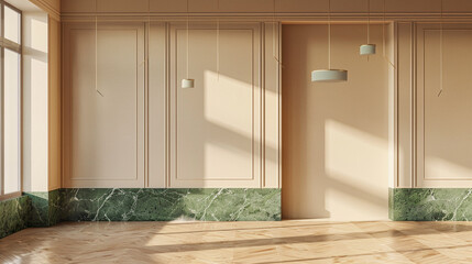 Sunlit modern room with vanilla walls, moss green marble, elm floors, and designer lights, unoccupied.