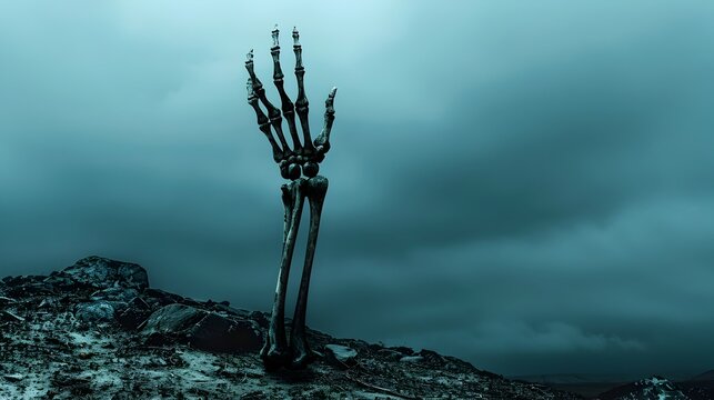 Skeletal Hand Rising from Grave in Desolate,Monochromatic Landscape Evoking Dread and Macabre Memento Mori
