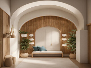 Wooden bench against grey wall and staircase. Scandinavian, rustic farmhouse interior design of modern entryway.