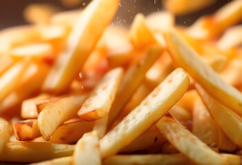 A close-up of a pile of crispy french fries falling through the air