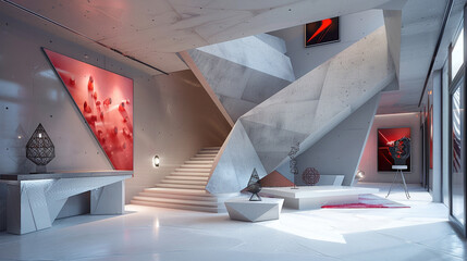 Trendy American entrance hall with a geometric staircase and modern art installations.