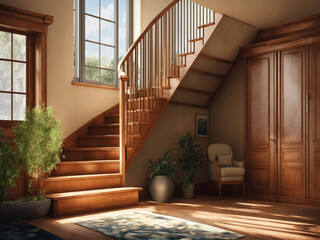 Wooden bench against grey wall and staircase. Scandinavian, rustic farmhouse interior design of modern entryway.
