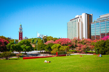 The Monumental Tower in Plaza Fuerza Aérea Argentina, Buenos Aires, Shines Brightly as a Gathering...