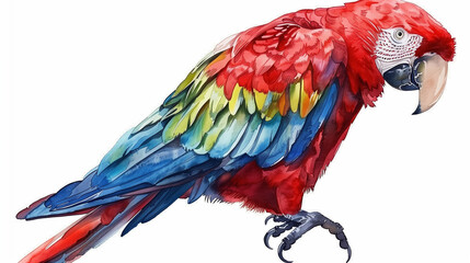 Obraz premium A colorful watercolor painting of a parrot on a white background. Perfect for tropical themes, this artwork features vivid feathers and realistic details