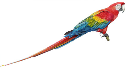A colorful watercolor painting of a parrot on a white background. Perfect for tropical themes, this artwork features vivid feathers and realistic details