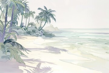 A dreamy tropical beach scene unfolds in this watercolor painting. Palm trees grace the sandy shore as gentle waves lap the coast, creating a serene seascape.
