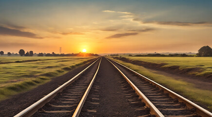 A railway track in the direction of sunset with plain field in the background with copy space, dual