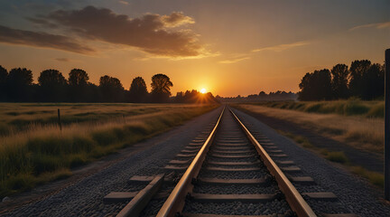 A railway track in the direction of sunset with plain field in the background with copy space, lead