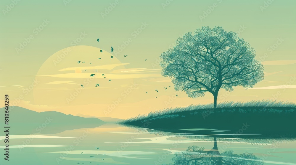 Aufkleber digital painting of a lone tree on a lake island at sunset. windswept leaves and soft colors create 