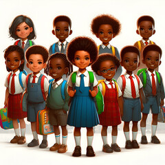Fototapeta premium Group of Africans kid wearing school bags with white background.