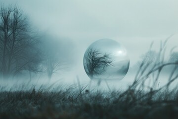 A dense fog rolling over a tranquil meadow, captured in the lens ball, evoking a sense of mystery and serenity. - Powered by Adobe