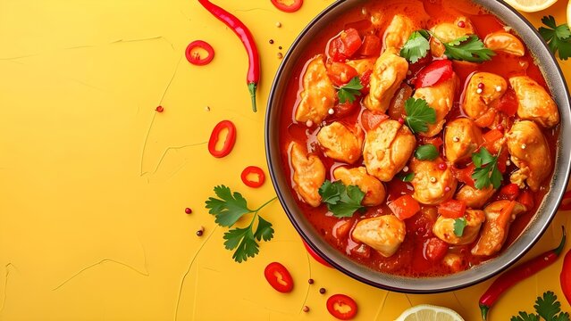 Blending Traditional Chicken Curry with Modern Digital Effects on a Futuristic Yellow Background. Concept Food Photography, Fusion Cuisine, Digital Art, Futuristic Aesthetic, Vibrant Colors