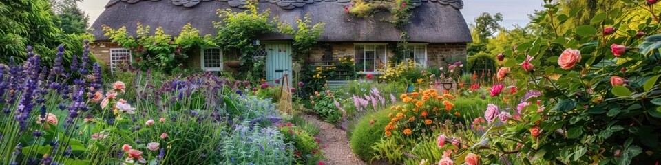 Enchanting English Cottage Garden Bursting with Colorful Blooms and Lush Foliage