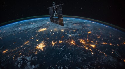 Captivating satellite view of Earth at night, displaying vibrant city lights and dense cloud cover from a high orbital perspective.