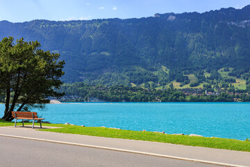 stunning Swiss Alpine Lake at Interlaken, Switzerland, well-known tourist destination, crystal...