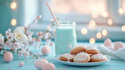 Tasty Easter cookies with milk and eggs on table in ro - Powered by Adobe
