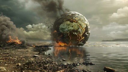 Global warming theme Earth heats up melts floods and faces climate change. Concept Climate Change impacts, Rising Temperatures, Melting Ice Caps, Extreme Weather Events, Protecting our Planet