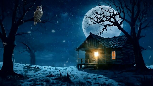 illustration halloween owl full moon house in night forest