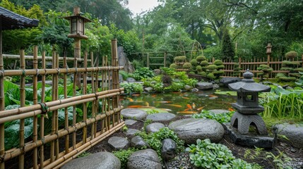 Serene Asian Inspired Zen Garden with Koi Pond and Lush Greenery Amidst Tranquil Atmosphere